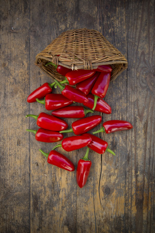 Korb und Jalapenos, Capsicum annuum, auf Holz, lizenzfreies Stockfoto