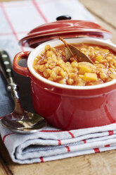 Topf mit roter Linsensuppe und einem Löffel auf einem Küchenhandtuch - HAWF000471