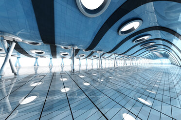 Futuristischer leerer blauer Raum mit Oberlichtern, 3D Rendering - SPCF000025