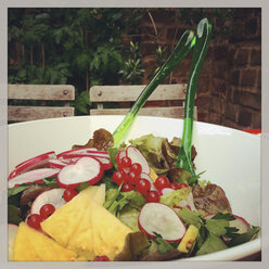 Germany, Summer salad on garden table - GWF003153