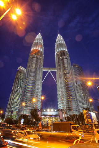 Malaysia, Kuala Lumpur, Petronas Twin Towers at night stock photo