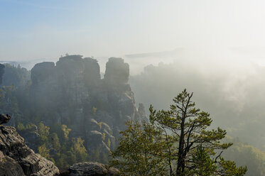 Deutschland, Sachsen, Sächsische Schweiz, Nationalpark, Bastei-Felsformation im Morgenlicht - MJF001368