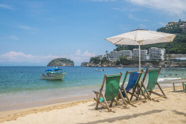 Mexico, Banderas Bay, Mismaloya Beach with three beach chairs - ABA001500