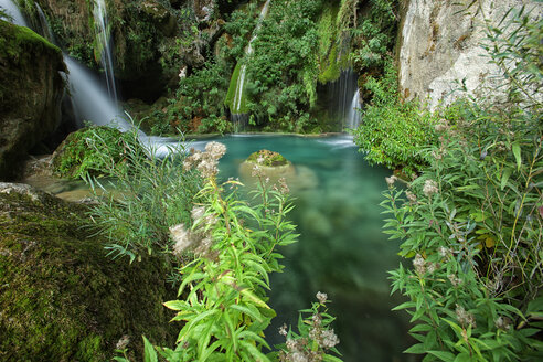 Spanien, Naturpark Urbasa y Andia, Fluss Urederra fließt zwischen Bäumen - DSGF000699
