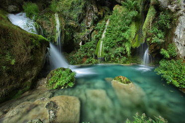 Spanien, Naturpark Urbasa y Andia, Fluss Urederra fließt zwischen Bäumen - DSGF000705