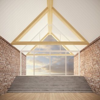 Empty room with roof beams, stair and brick walls, 3D Rendering - UWF000199
