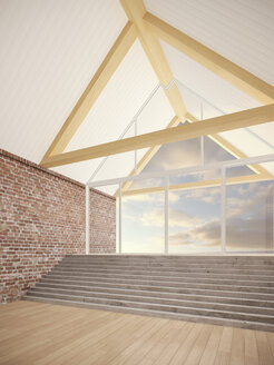 Empty room with roof beams, stair and brick walls, 3D Rendering - UWF000200