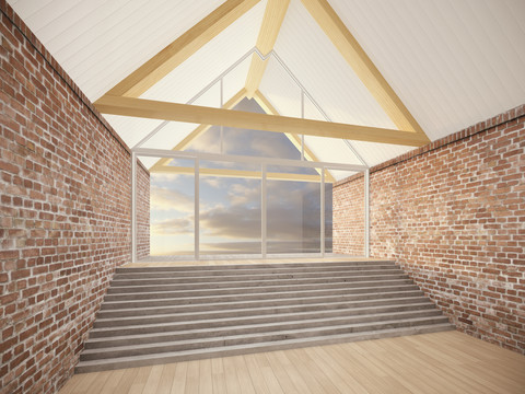 Leerer Raum mit Dachbalken, Treppe und Ziegelwänden, 3D Rendering, lizenzfreies Stockfoto