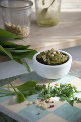 Bowl of ramson pesto garnished with pine nuts and chopped ramson leaves, Allium Ursinum - ASF005478