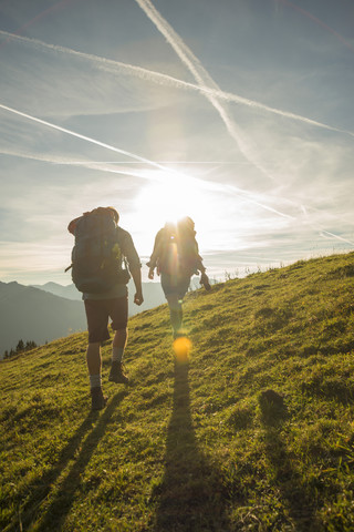 Austria, Tyrol, Tannheimer Tal, young couple hiking on alpine meadow stock photo