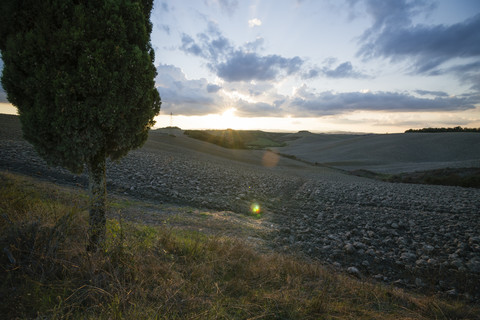 Italien, Toskana, Provinz Siena, Crete Senesi, Landschaft bei Sonnenuntergang, lizenzfreies Stockfoto