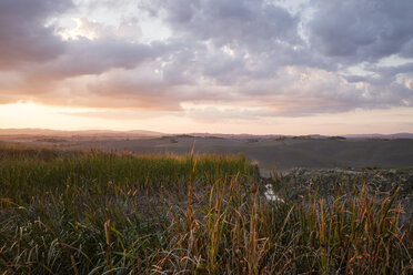 Italien, Toskana, Provinz Siena, Crete Senesi, Landschaft bei Sonnenuntergang - MYF000597