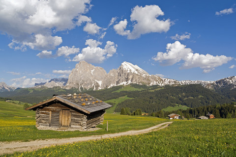 Italien, Südtirol, Seiser Alm, Langkofel und Plattkofel, Almhütte im Vordergrund, lizenzfreies Stockfoto