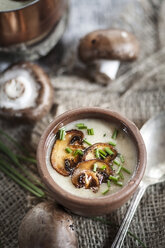 Schüssel Pilzcremesuppe mit Schnittlauch und gebratenen Pilzen - SBDF001343