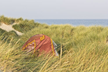 Deutschland, Mecklenburg-Vorpommern, Warnemünde, Ostsee, Rotes Zelt in Dünen - MELF000030