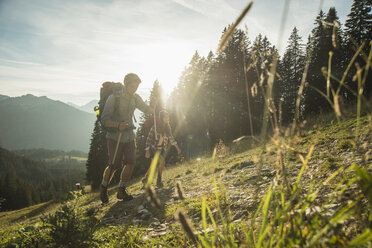 Österreich, Tirol, Tannheimer Tal, junges Paar wandert im Sonnenlicht auf Almwiese - UUF002147