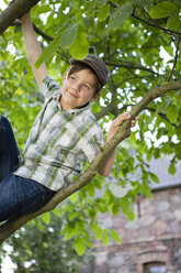 Porträt eines kleinen Jungen, der auf einen Baum klettert - FKIF000043