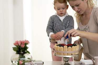 Mutter und Tochter feiern den ersten Geburtstag ihres kleinen Mädchens mit einer selbstgebackenen Torte - FSF000231