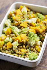 Bowl of lentil salad with pumpkin and romanesco - HAWF000486