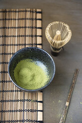 Bowl of Matcha, Matcha whisk, spatula and bamboo place mat - MYF000636