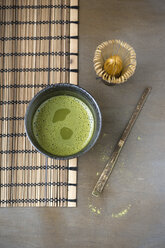 Bowl of Matcha, Matcha whisk, spatula and bamboo place mat - MYF000637