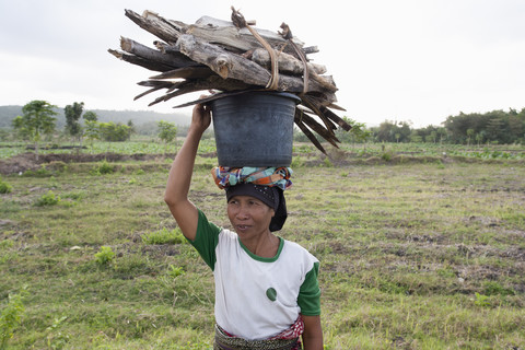 Indonesien, Lombok, Frau beim Holzsammeln, lizenzfreies Stockfoto