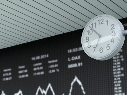 Germany, Stock exchange trading and clock in the foreground - UWF000205