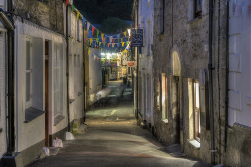 UK, Cornwall, Polperro, Gasse im Dorf bei Nacht - FRF000033