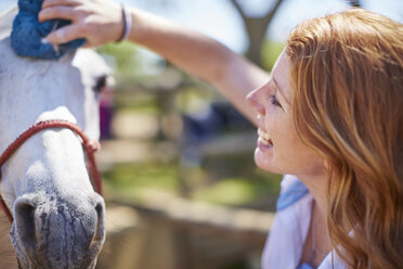 Smiling young woman grooming horse - ZEF001704