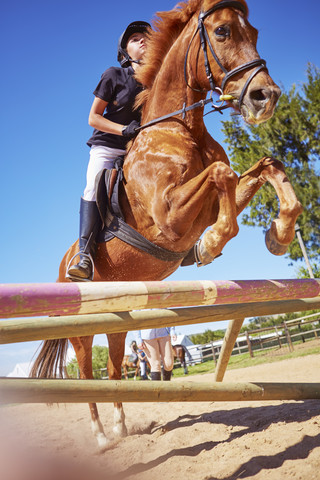 Mädchen auf Pferd beim Überqueren eines Hindernisses im Parcours, lizenzfreies Stockfoto