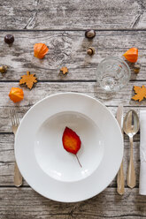 Soup dish on autumnal laid table - LVF002090