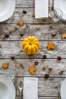 Herbstlich gedeckter Tisch mit gelbem Kürbis, Kastanien und Eicheln - LVF002093