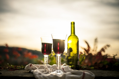 Eine Flasche Rotwein und zwei Gläser in der Abendsonne, lizenzfreies Stockfoto