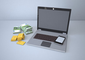 Laptop mit Smartphone, Goldbarren und Euro-Noten, 3d Rendering - ALF000243