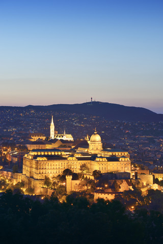 Ungarn, Budapest, Blick auf die Budaer Burg und die Matthiaskirche, Blaue Stunde, lizenzfreies Stockfoto