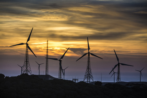 Spanien, Andalusien, Tarifa, Windpark im Abendlicht, lizenzfreies Stockfoto