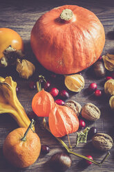 Autumnal fruits and vegetables on dark wood - SARF000981