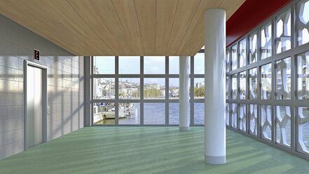 Foyer mit Säulen, Aufzug, grünem Betonboden und Holzdecke, 3D Rendering - UWF000247