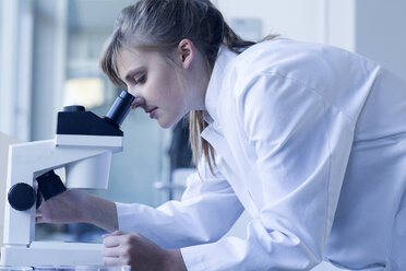 Young female chemist using microscope in a chemical laboratory - SGF000974