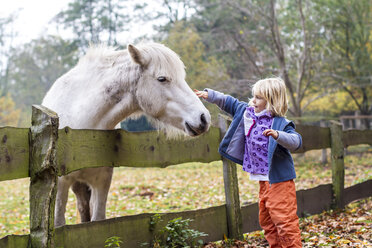 Kleines Mädchen streichelt ein Pferd - JFEF000524