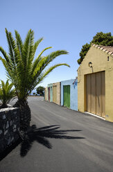 Spain, Canary Islands, La Palma, palm tree and colorful garage doors - GUFF000023