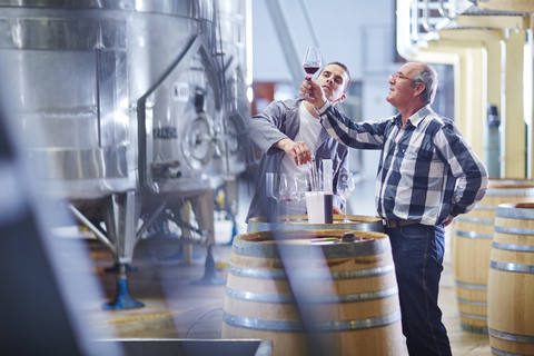 Winzer testen Weinmischung, lizenzfreies Stockfoto