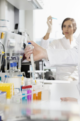 Wissenschaftler bei der Arbeit im Labor, Reagenzgläser und Pipetten, lizenzfreies Stockfoto