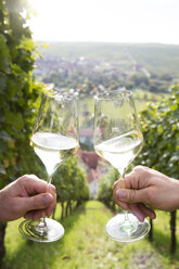 Germany, Bavaria, Volkach, clinking glasses in vineyard - FKF000789