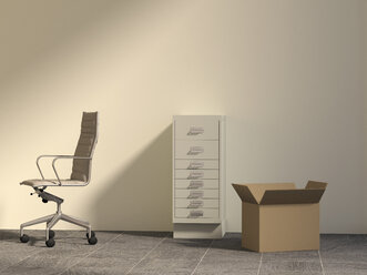 Office chair, drawer cabinet and cardboard box in an empty office, 3D Rendering - UWF000251