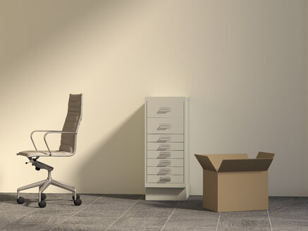 Bürostuhl, Schubladenschrank und Pappkarton in einem leeren Büro, 3D Rendering - UWF000251