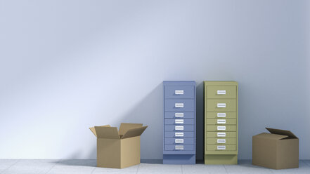 Two drawer cabinets and two cardboard boxes in an empty office, 3D Rendering - UWF000252