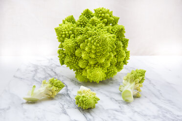 Romanesco, Brassica oleracea convar. botrytis var. botrytis, on white marble - LVF002213