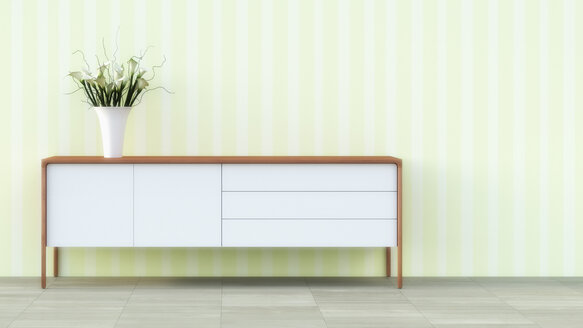 Sideboard mit Blumenvase vor einer gestreiften Tapete - UWF000268