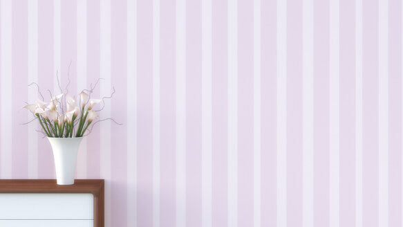 Sideboard mit Blumenvase vor gestreifter rosa Tapete - UWF000258